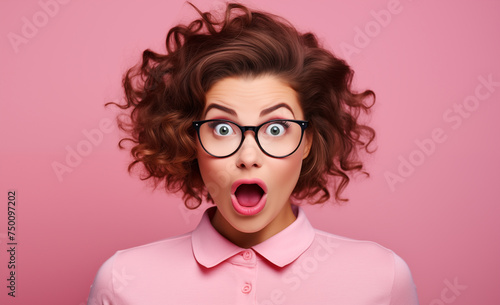 Une belle jeune femme surprise, étonnée, portant des lunettes, sur fond rose, image avec espace pour texte. © David Giraud