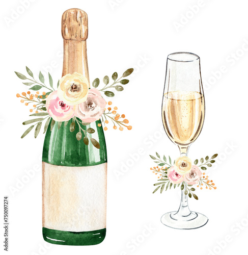 watercolor wedding champagne bottle and glass with floral isolated on white