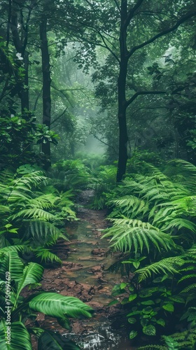 A serene  misty pathway winds through a vibrant forest  with lush ferns and trees enveloping the scene in green