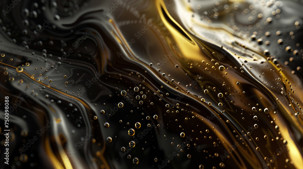 Close-up view of golden bubbles on a swirling black and gold fluid surface, depicting luxury and elegance. Close-up view of golden bubbles on a swirling black and gold fluid surface, depicting luxury and elegance.