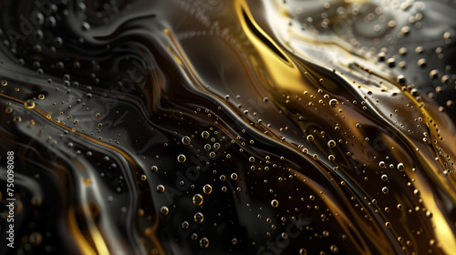 Close-up view of golden bubbles on a swirling black and gold fluid surface, depicting luxury and elegance.