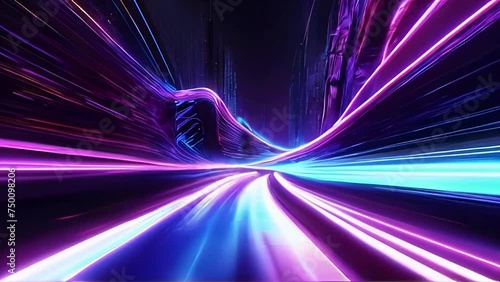 3d abstract neon background space and time strings, highway night lights. Ultra violet rays, glowing lines, virtual reality, speed of light.