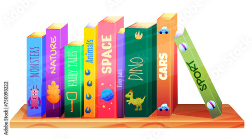 Wooden bookshelf with literature for child. Vector caroon illustration