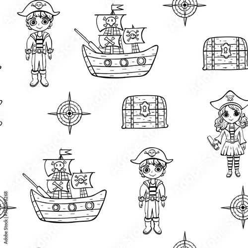 Seamless pattern with pirate boy and girl with ship in hand drawn doodle style