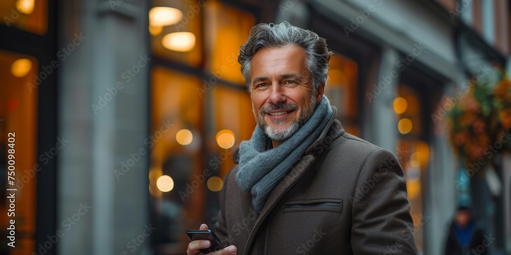 A handsome, mature businessman with a beard strolls confidently outdoors, exuding fashion and elegance. A handsome, mature businessman with a beard strolls confidently outdoors, exuding fashion and elegance.