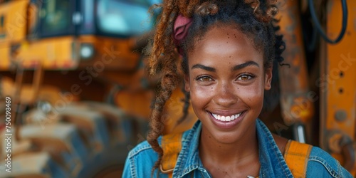 A cheerful and skilled African-American mechanic, exuding happiness and confidence in a professional portrait outdoors.