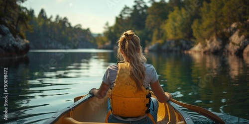 A woman rows a canoe on a serene lake, surrounded by nature, capturing the essence of adventurous relaxation.