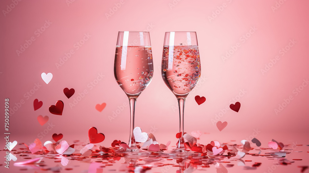 Two wine glasses with splashes of red hearts.