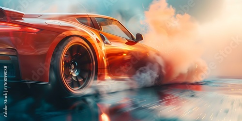 A sleek sports car expertly sliding around a tight corner kicking up smoke. Concept Sports Car, Sliding, Tight Corner, Smoke, Action Shot photo