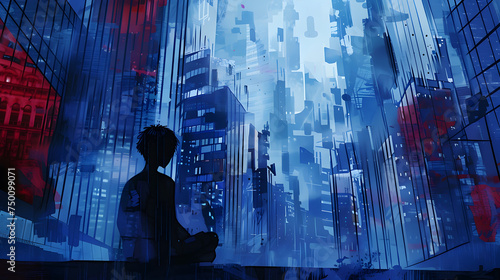 Abstract composition of a lonely boy in an urban setting, surrounded by towering buildings, emphasizing his solitude with headphones