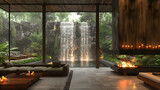 Bedroom Interior Design With Panoramic Windows With a View of Beautiful Nature and a Waterfall