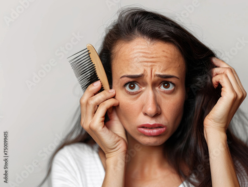 Donna di mezza età seria che tiene in mano  la spazzola con capelli caduti , capelli neri che cadono dal cuoio capelluto , sfondo bianco, problemi tricologici photo