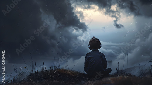 A dramatic photo of a boy sitting on a hill, watching a storm approaching, his loneliness emphasized by the impending weather, with headphones
