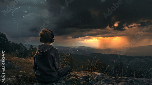 A dramatic photo of a boy sitting on a hill, watching a storm approaching, his loneliness emphasized by the impending weather, with headphones