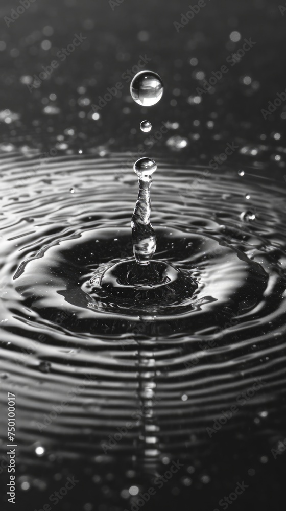 A close-up photograph showcasing a single drop of water in black and white, capturing its intricate details. A close-up photograph showcasing a single drop of water in black and white, capturing its intricate details.