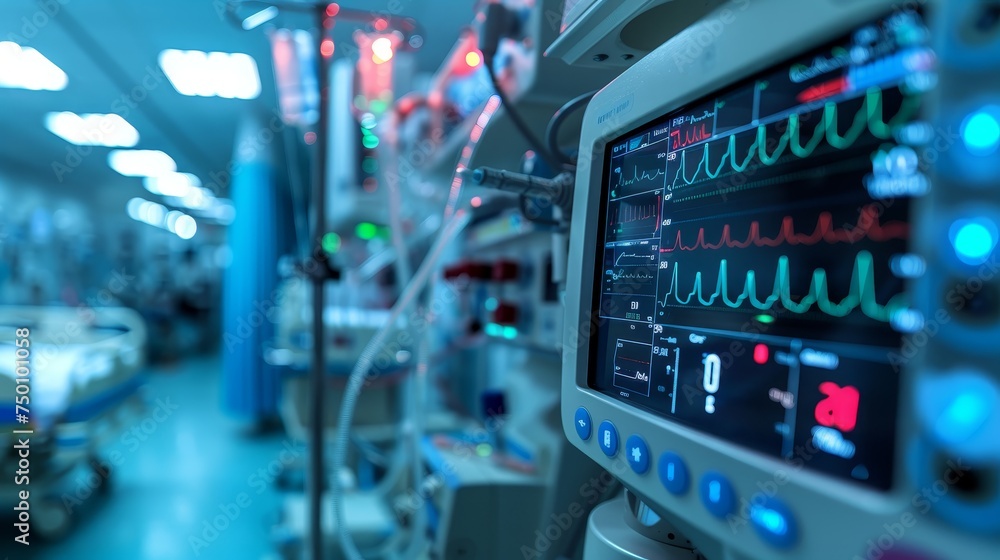 Close-up of a medical monitor displaying vital signs in an intensive care unit with blurred background. Close-up of a medical monitor displaying vital signs in an intensive care unit with blurred background.