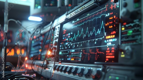 Detailed view of a complex monitoring system with vibrant screen readouts in a technology control room.