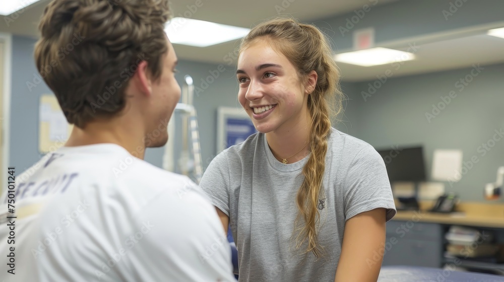 A young female patient engaging in a positive conversation with a physical therapist during a rehabilitation session. A young female patient engaging in a positive conversation with a physical therapist during a rehabilitation session.