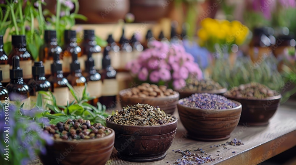 Assortment of essential oil bottles amidst fresh and dried herbs used in aromatherapy and natural wellness.