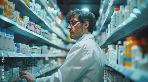 A focused male pharmacist in a white coat is carefully checking the inventory of medicines on shelves in a modern pharmacy.