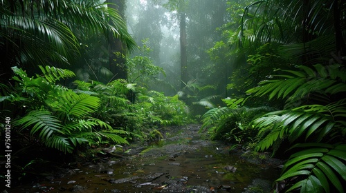 A serene and lush tropical forest scene with vibrant green foliage and a small creek meandering through The image conveys a sense of mystery and tranquility