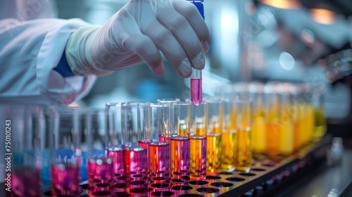 A scientist in a laboratory setting carefully dispenses a pink reagent into test tubes filled with various colorful solutions.