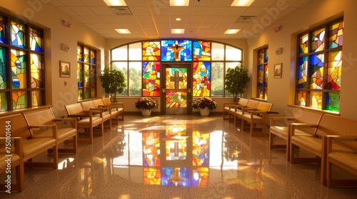The interior of a chapel bathed in warm light, featuring wooden benches and radiant stained glass windows that cast colorful reflections on the glossy floor. photo