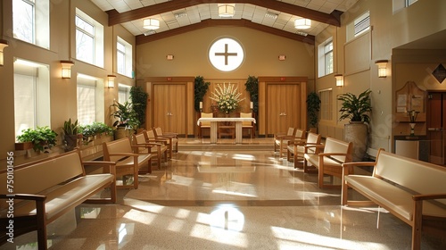 A contemporary chapel interior flooded with natural light, showcasing simple wooden pews and a prominent cross symbol above the altar. photo