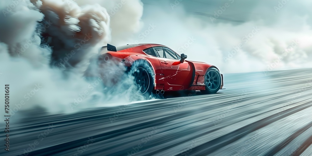 Dynamic race car drifting with billowing smoke on highspeed track. Concept Race Car Drifting, High-Speed Track, Billowing Smoke, Dynamic Action, Motorsport Excitement
