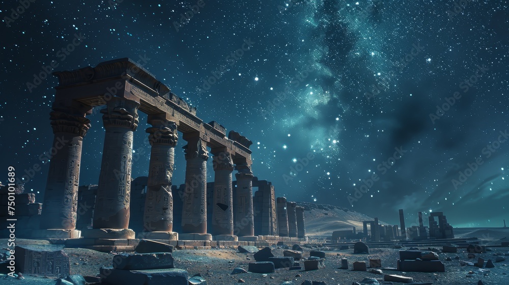 A breathtaking view of ancient Egyptian ruins standing resilient under a captivating star-studded desert night sky. - obrazy, fototapety, plakaty 