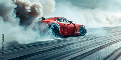 Dynamic race car drifting with billowing smoke on highspeed track. Concept Race Car Drifting, High-Speed Track, Billowing Smoke, Dynamic Action, Motorsport Excitement