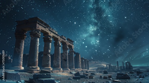 A breathtaking view of ancient Egyptian ruins standing resilient under a captivating star-studded desert night sky.