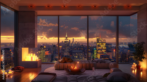 Living room with a view. A luxurious living room in a penthouse with floor windows background AI