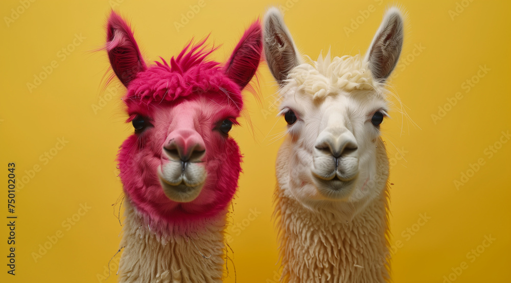 Two Llamas with Pink and White Wool on a Yellow Background