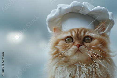 Persian Cat in Chef's Hat Gazing Upwards with a Blue Sky Background © LAJT