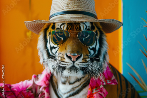 Tiger in Straw Hat and Sunglasses on Colorful Background