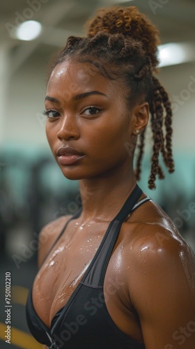 An African American woman with dreadlocks confidently stands in a gym, ready for a workout. © Vitalii But