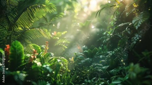 This image captures a serene tropical forest with sunlight filtering through dense foliage, highlighting the greenery