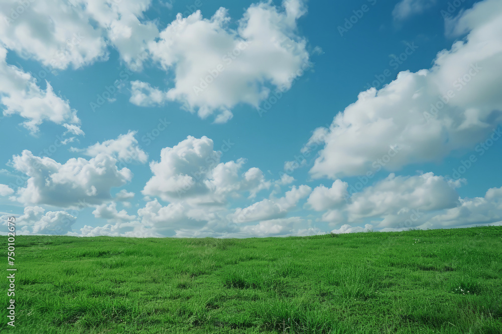 Green grass under blue sky with fluffy clouds. Natural landscape with green field at summer day