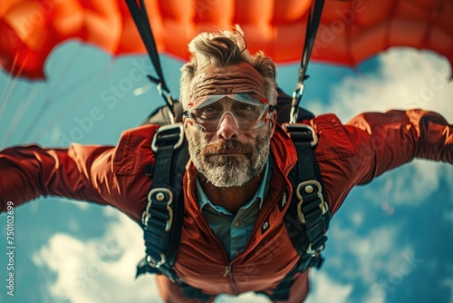 Senior Man Parachuting with a Parachute. An adventurous elderly man skydiving with a vibrant yellow parachute against a clear blue sky.