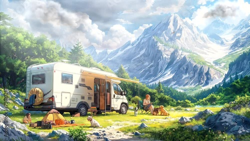 Camping family, sitting in front of an RV in a campground, a few more puppies playing by the side of the vehicle Beautiful landscape in the background photo