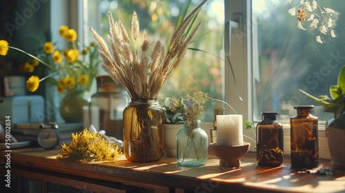 Cozy windowsill setup with dried flowers and vintage glass bottles. Home decor and tranquil atmosphere concept. Design for interior decoration  lifestyle blogs  and natural light photography.