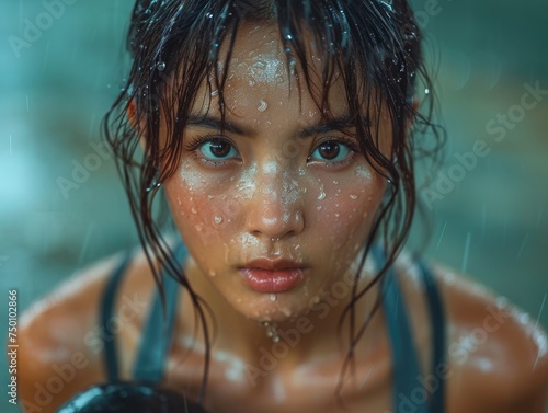 A close-up view of an Asian woman with wet hair, capturing the natural state of the hair after being wet. photo