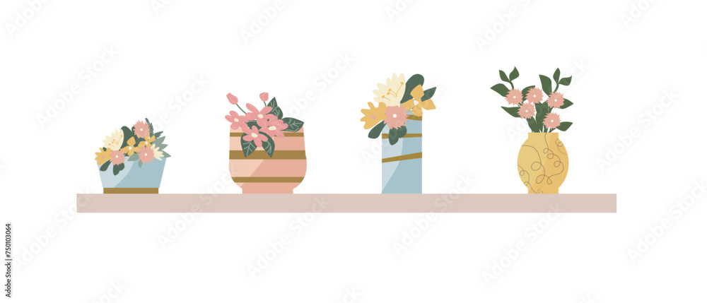 Set of flowers in vases and pots with golden decor. Vector illustration ...