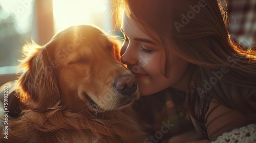 Young woman gently kissing her golden retriever in a sunlit room. Affectionate bond between human and pet concept. Design for animal companionship, love for pets.