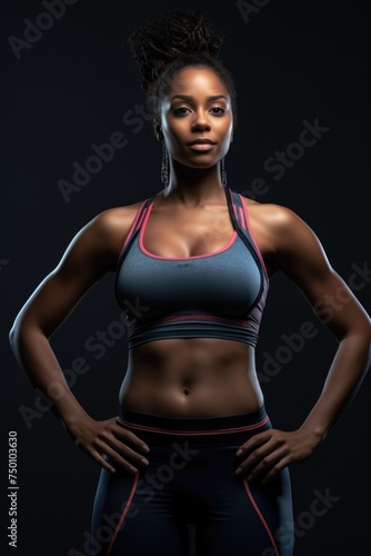 An African American woman confidently donning a sports bra top and leggings, engaged in a fitness workout. © Vitalii But