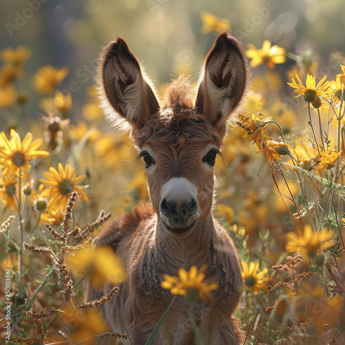 little donkey in a field with sunflowers