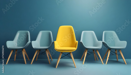 A yellow chair standing out from the crowd of chairs against a blue studio background.