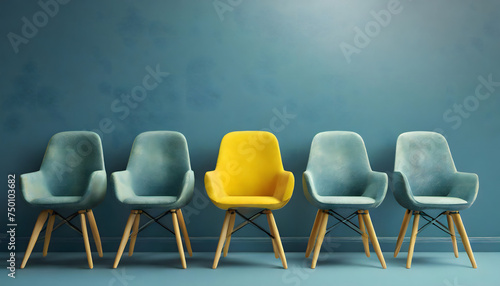 A yellow chair standing out from the crowd of chairs against a blue studio background.