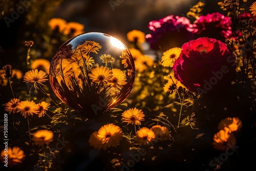 christmas tree in the snow, A mesmerizing glass ball, delicately cradling a bouquet of vibrant flowers within its translucent depths, stands against the backdrop of a setting sun